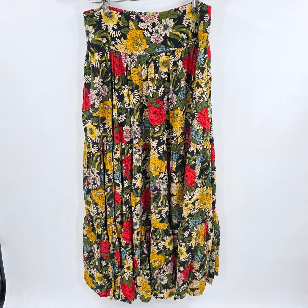 Natural Life Floral Tiered Maxi Skirt XL Boho Smocked Waist Multi-Color